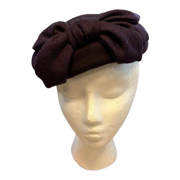 Pillbox Hat elegant 100% wool bow dark purple elegant 50’s style NEW - Picture 1 of 12